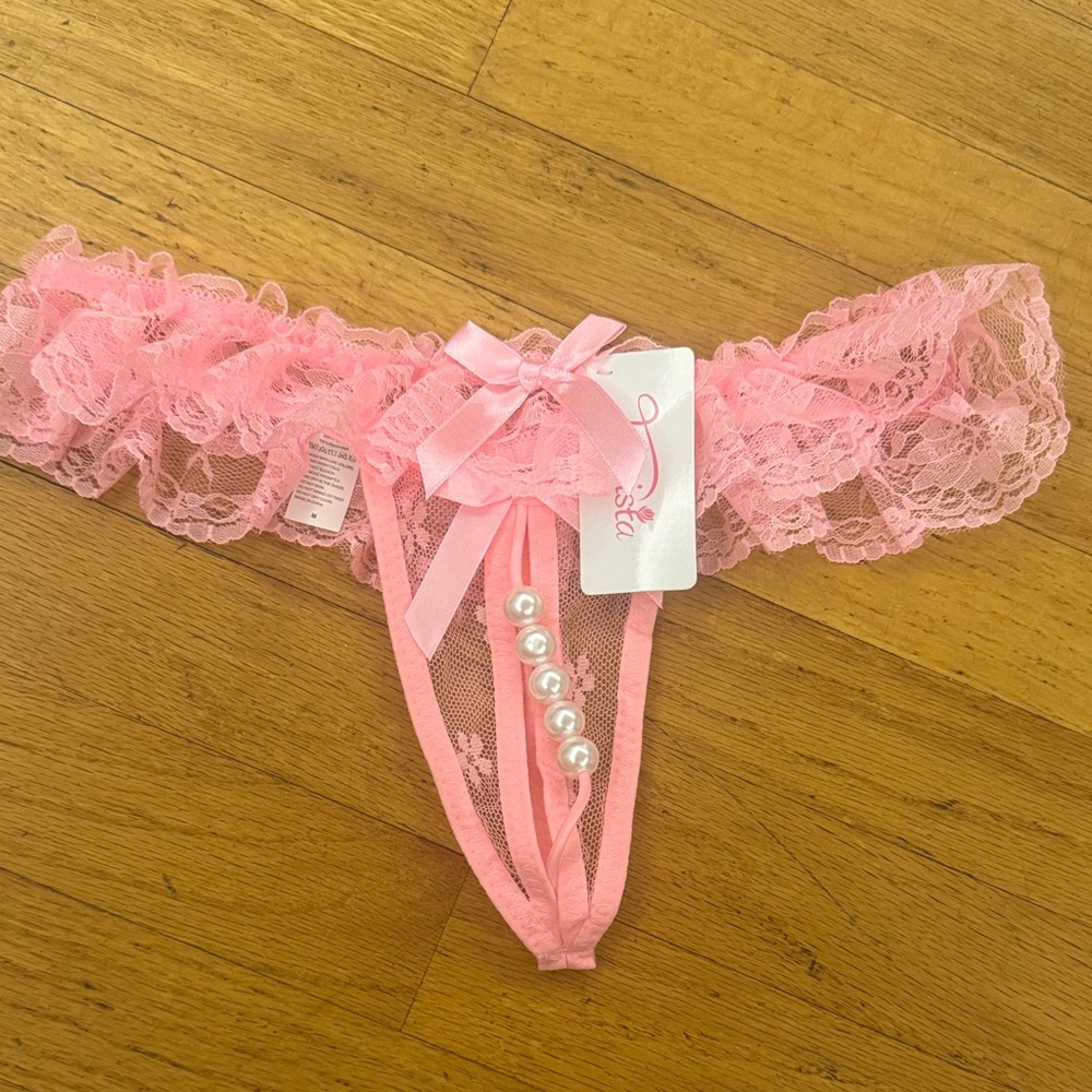 Light Pink Lace Pearl-Accent G-String Open Crotch Crotchless Thong Panty Medium
